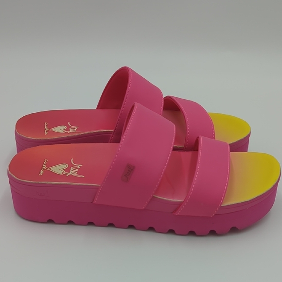 Reef Women's Banded Horizon Hi 7 Platform  Vibrant Pink Yellow Sandals Slide In - Picture 1 of 9